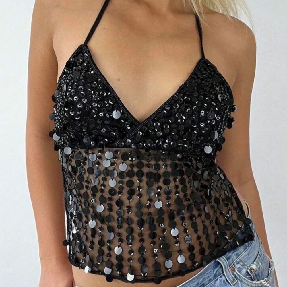 PrettyLittleThing Black Sequin Halter Camisole